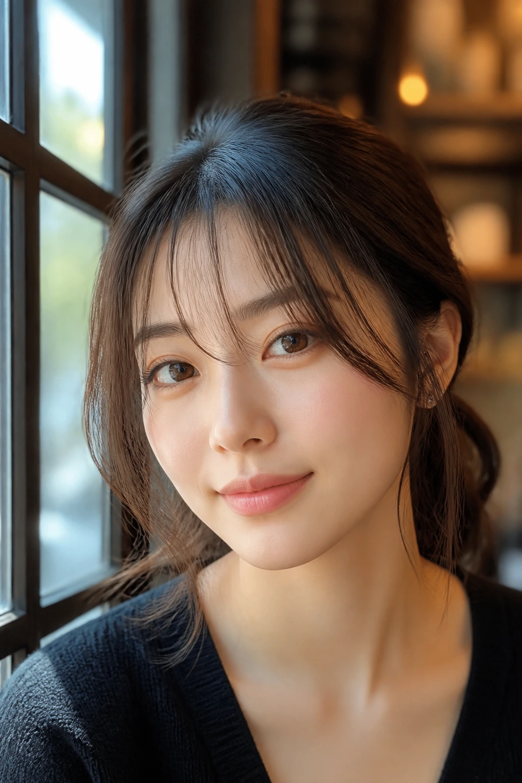 Portrait of a woman with see-through Korean bangs showing the forehead