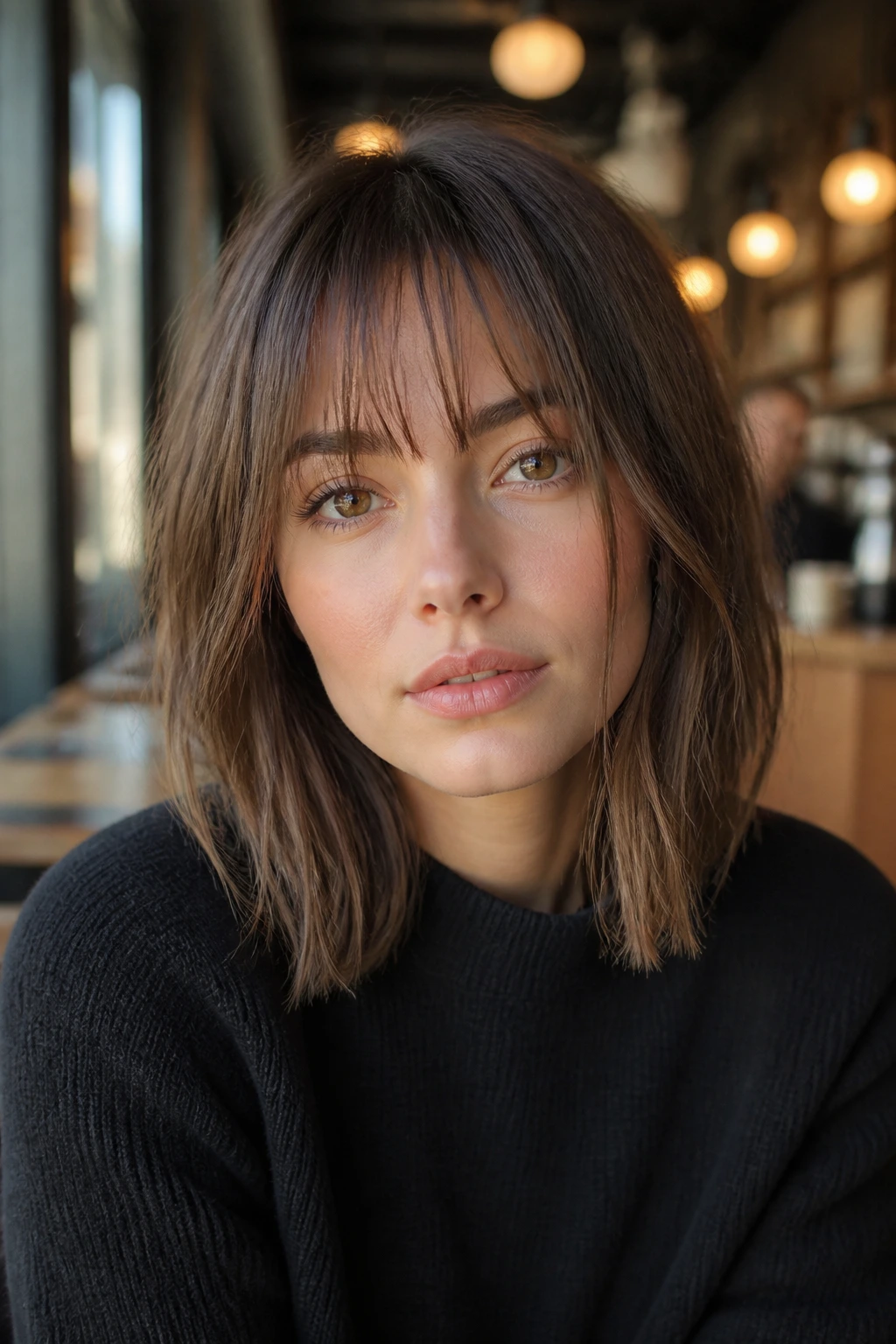 Portrait of a person with see-through blunt bangs and textured lob layers