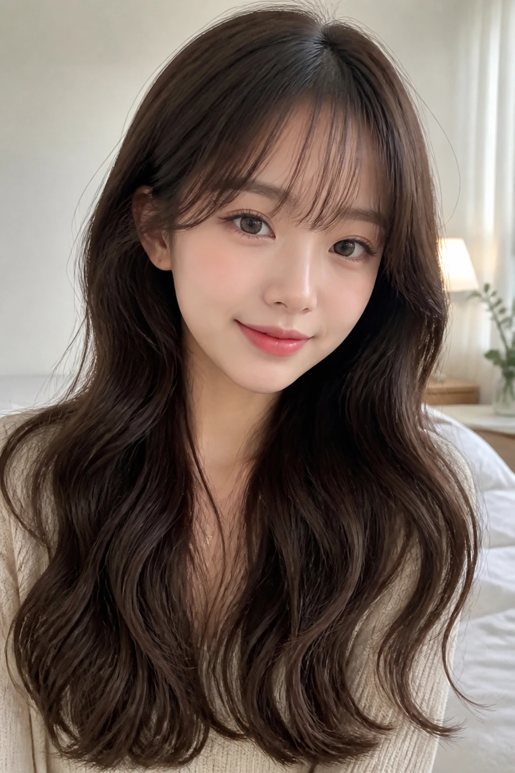 Close-up of a real person with see-through Korean bangs and soft mermaid waves