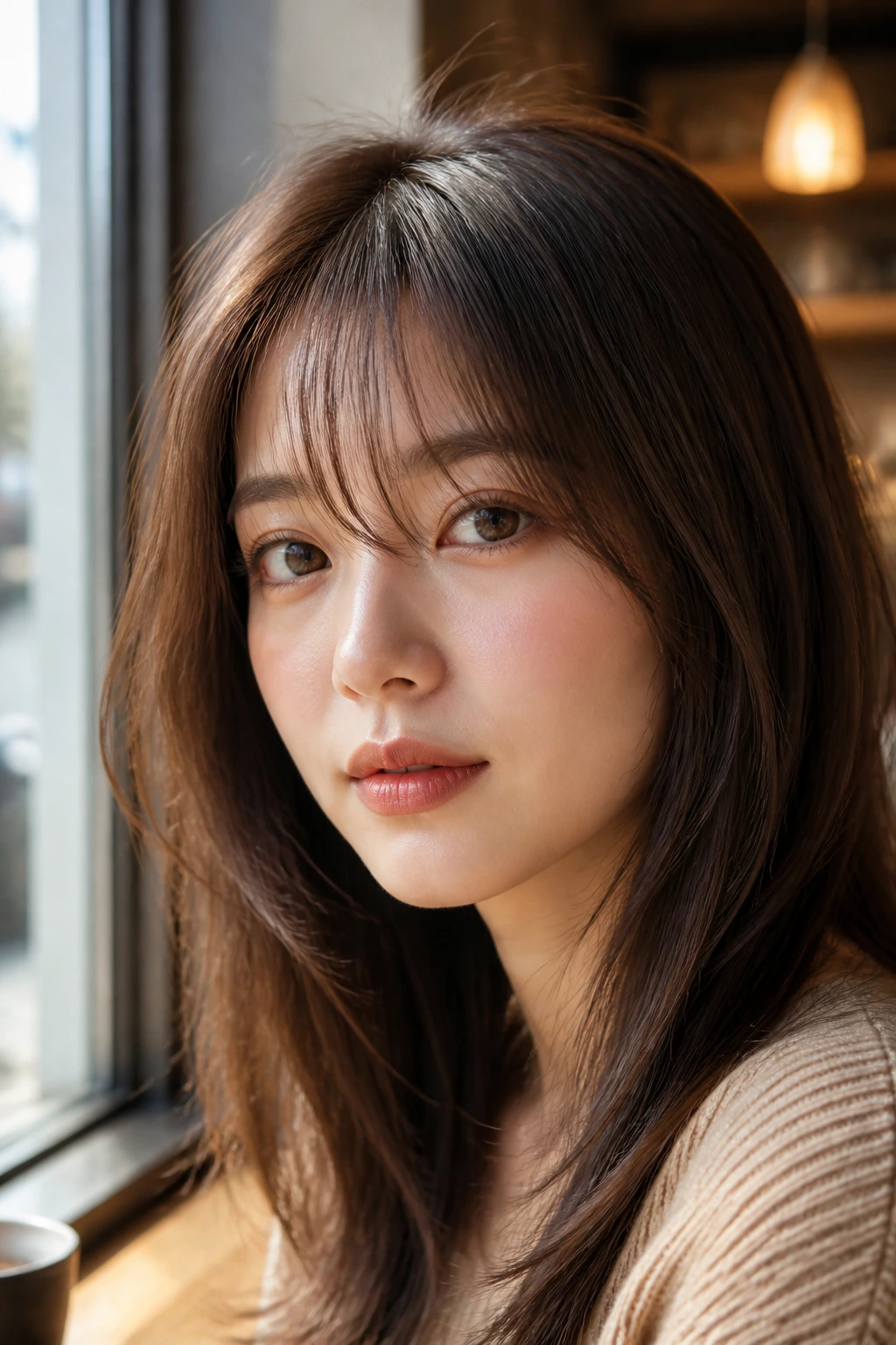 Close-up of a woman wearing wispy see-through bangs in milk chocolate