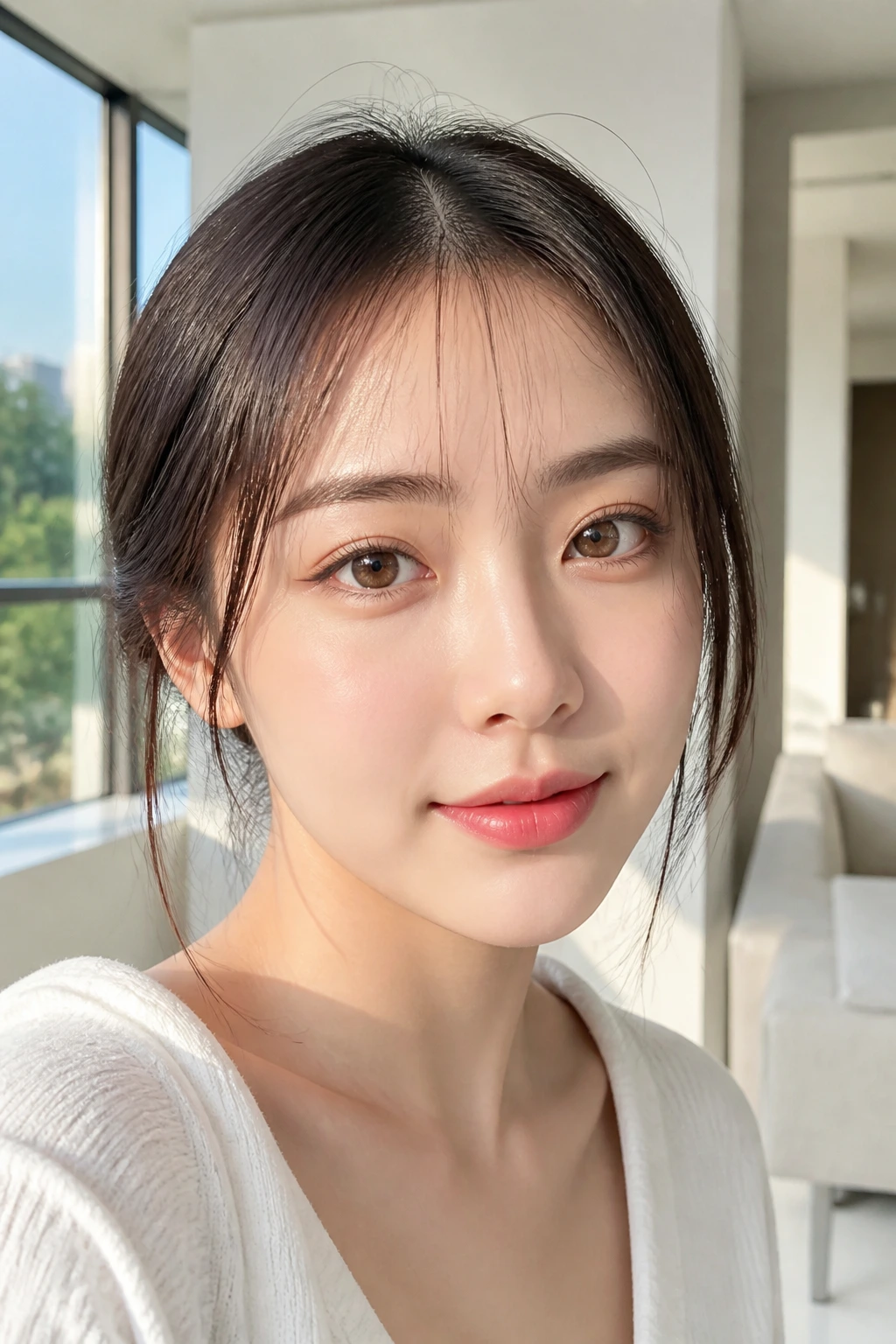 Real woman with ultra-minimal see-through bangs in bright natural light