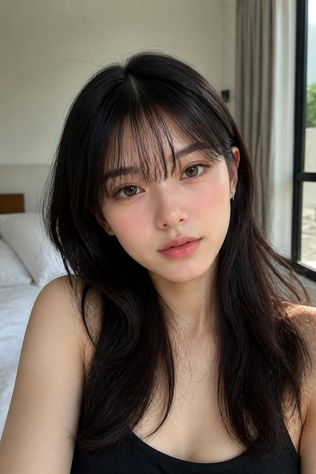 Close-up of a real woman with see-through straight bangs showing forehead