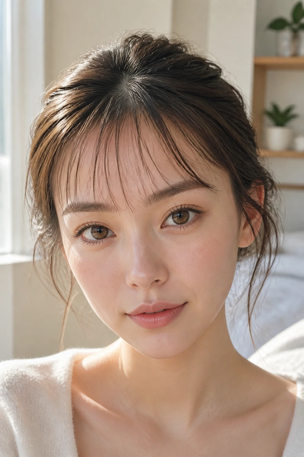 Close-up of a woman with wispy see-through baby bangs in a bright room.