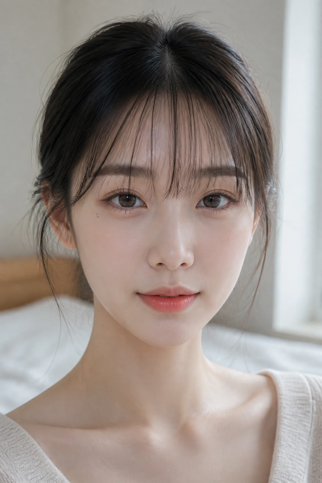 Close-up portrait of a person with see-through Korean air bangs