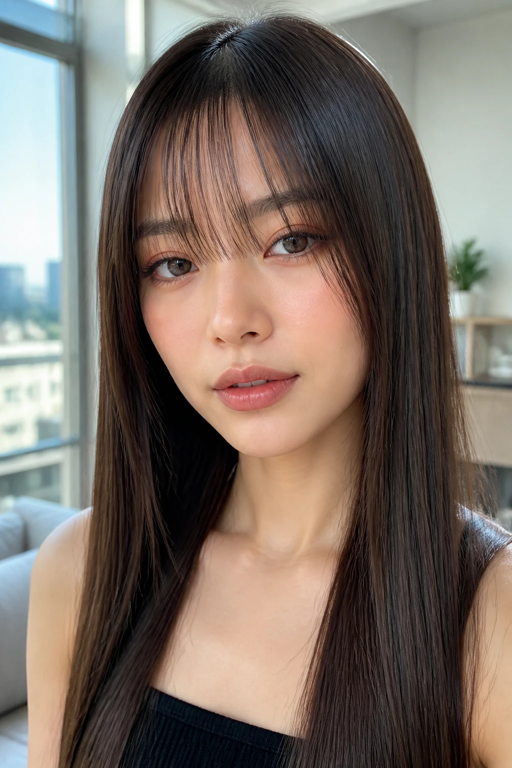 Close-up of a real woman with see-through bangs and sleek straight hair.