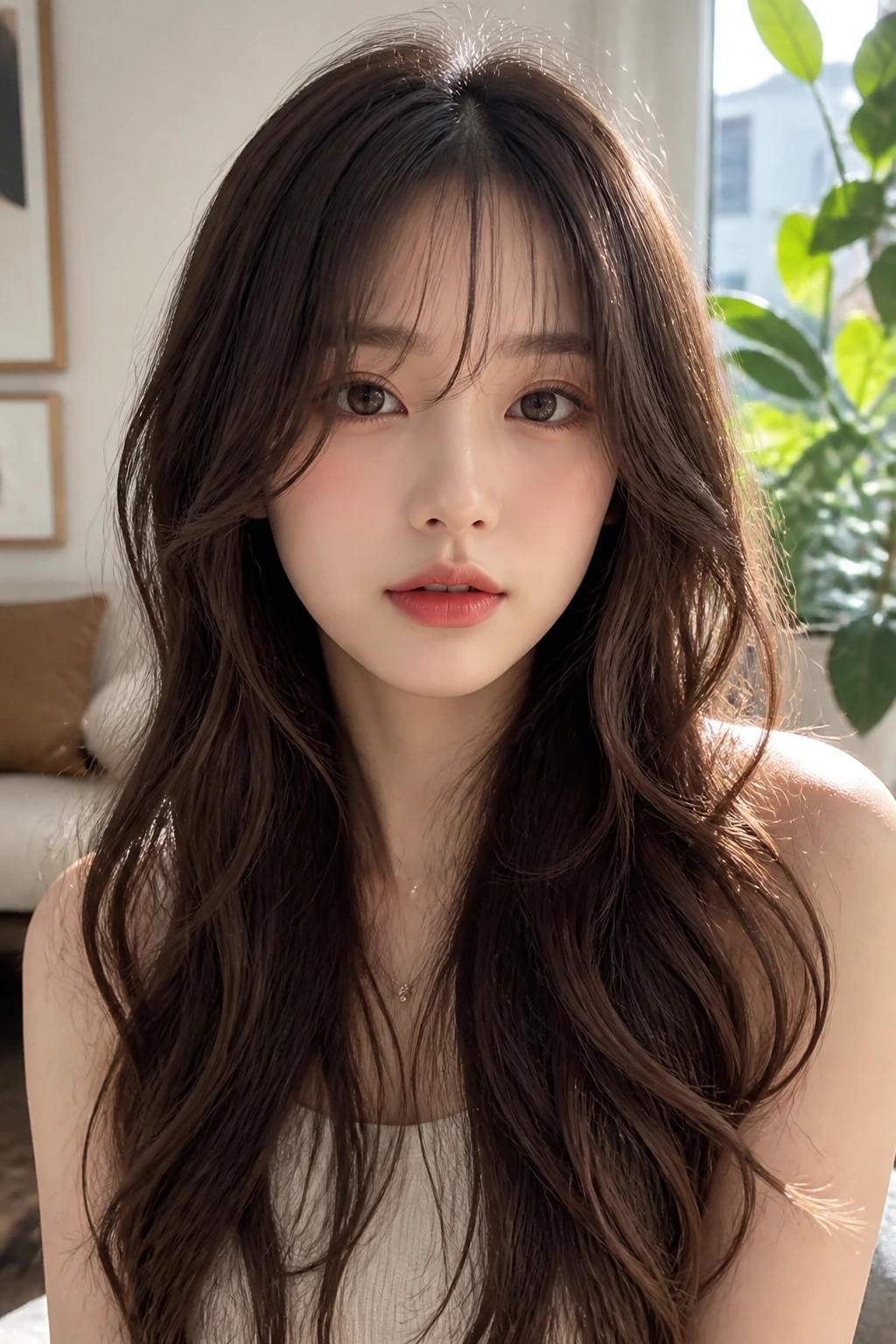 Portrait of a woman with wispy see-through bangs and long waves.