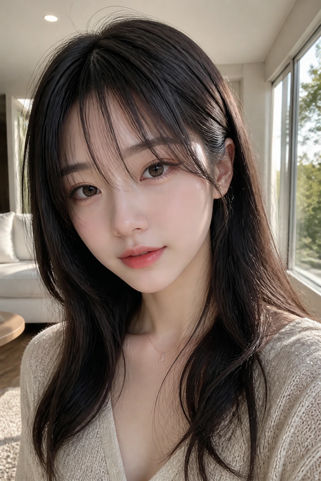 Portrait of a person with wispy see-through bangs in natural light