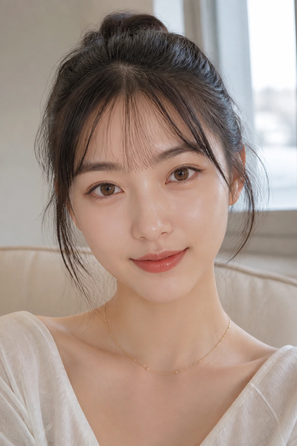 Close-up of a real person with an airy see-through Korean fringe