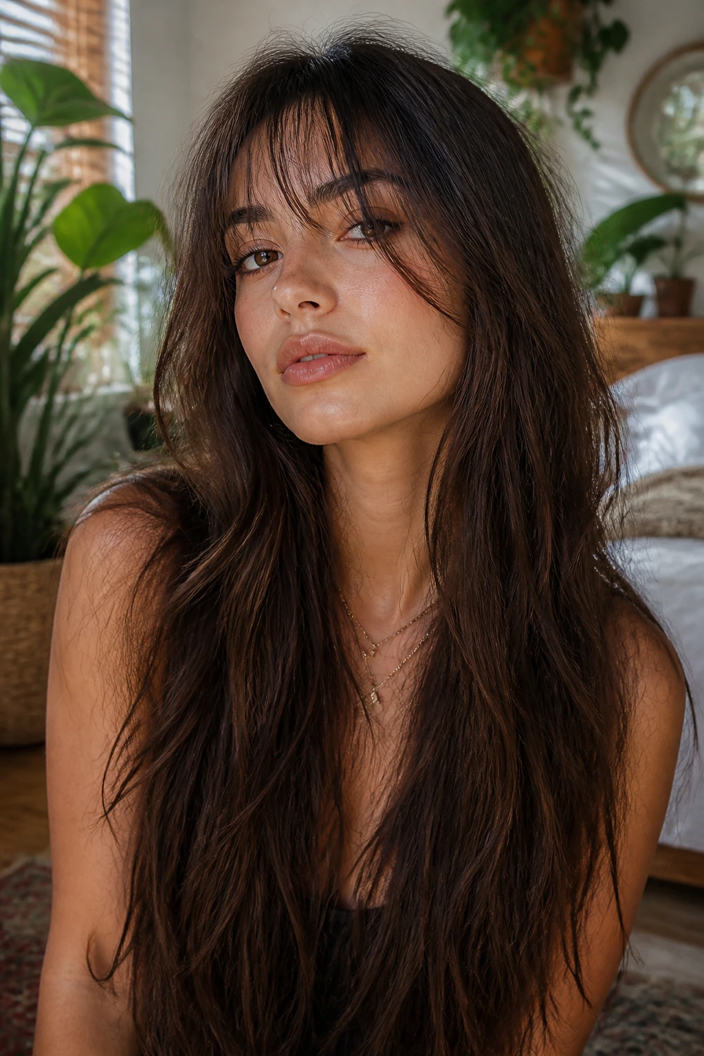 Close-up of a woman with see through fringe and shag style layers in natural light