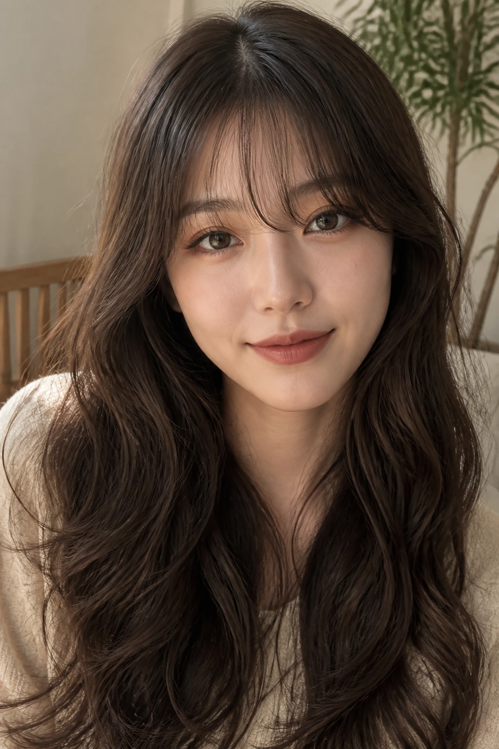 Portrait of a real woman with wispy see-through fringe and soft waves