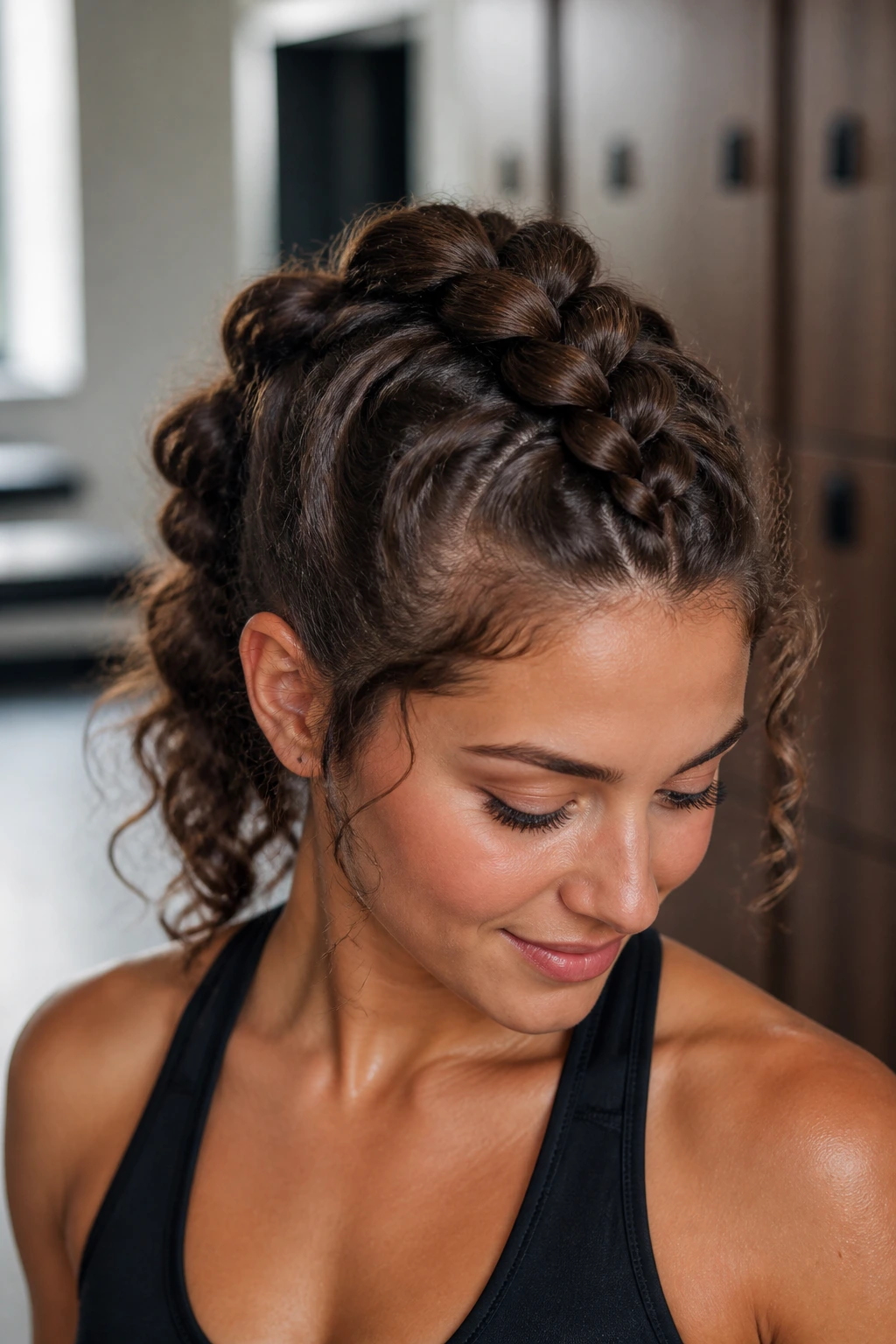 Close-up of a real woman with segmented pull-through braid in gym setting