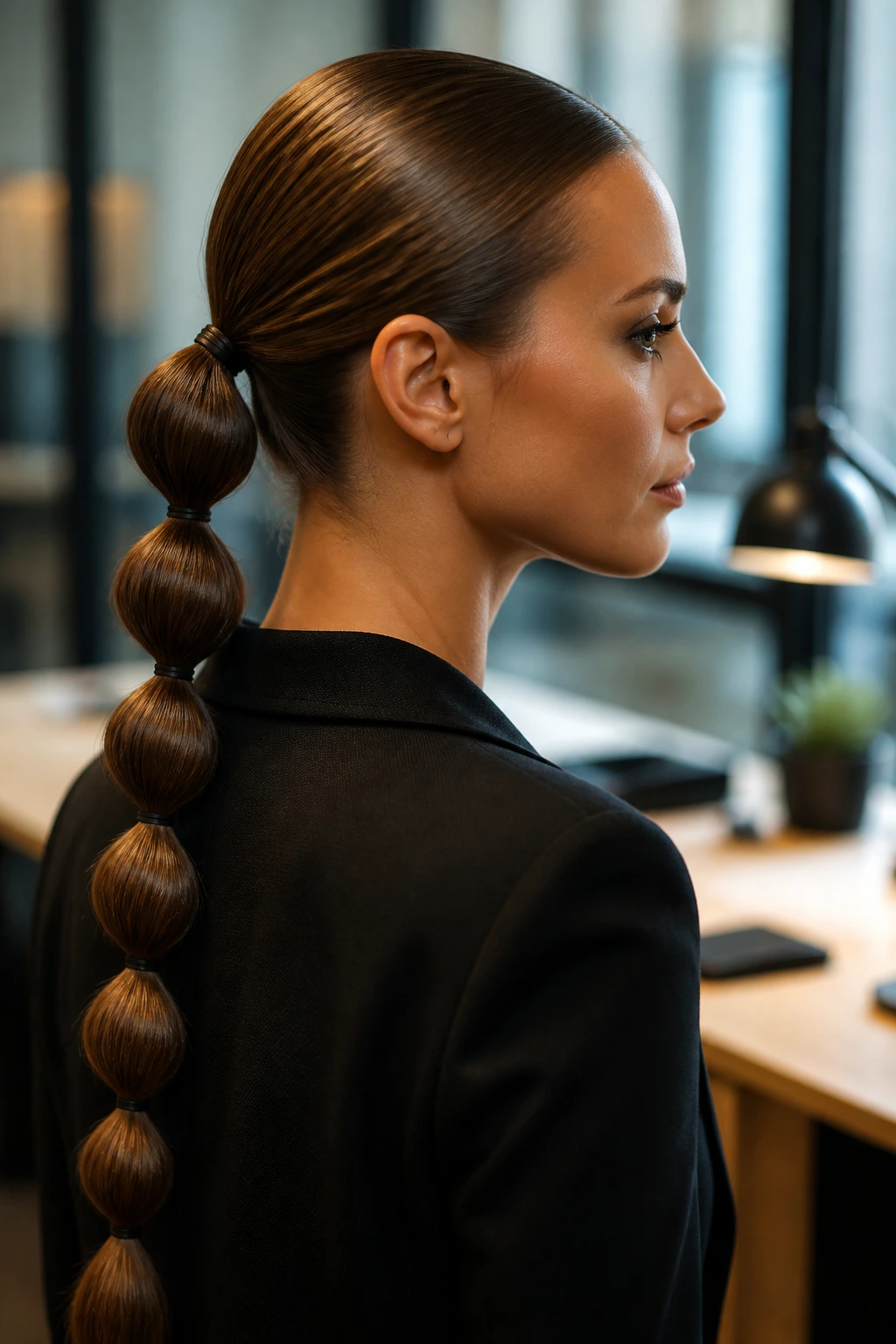 Portrait of a person with a segmented bubble ponytail in an office setting