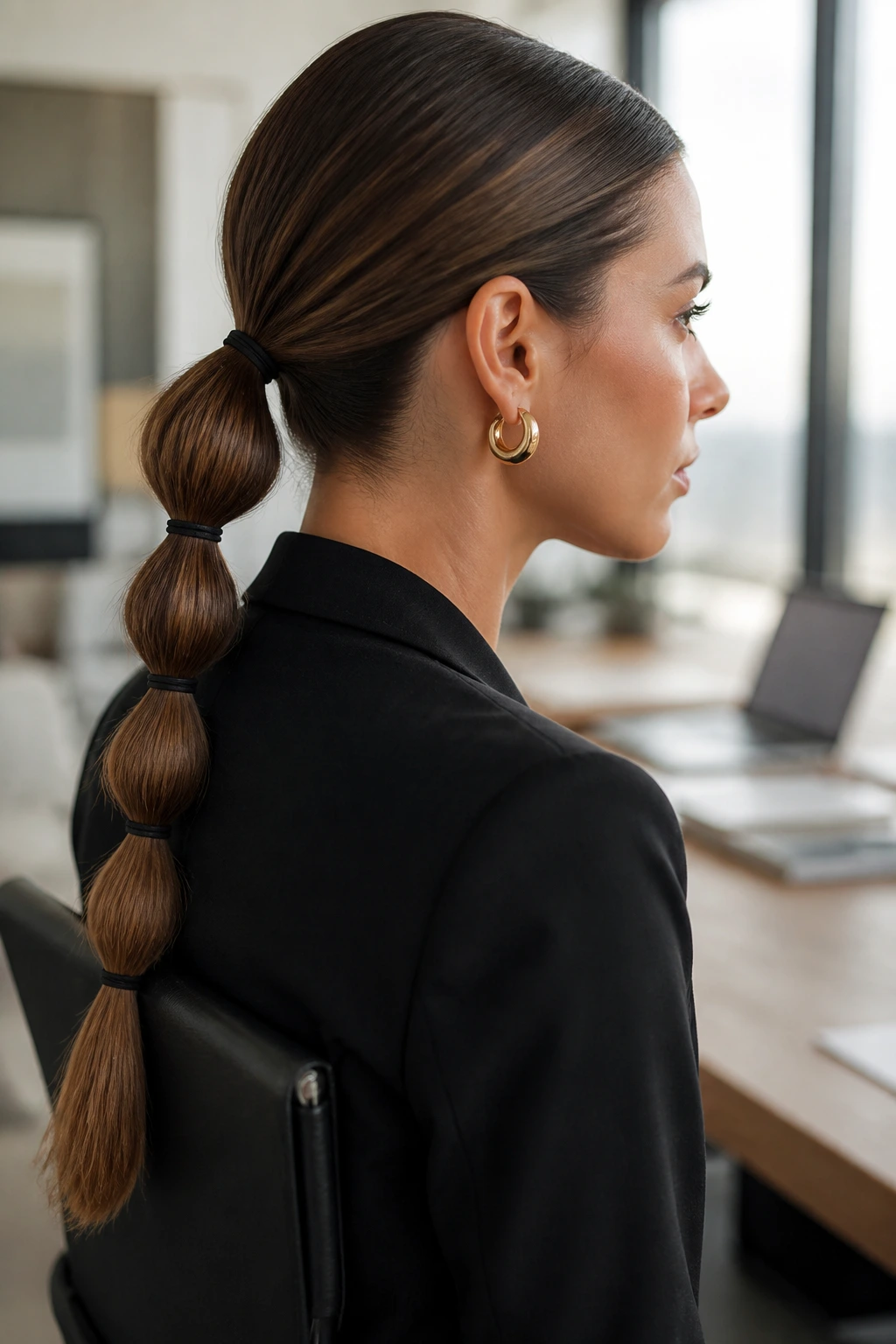 Portrait of a woman with double segmented low pony in office
