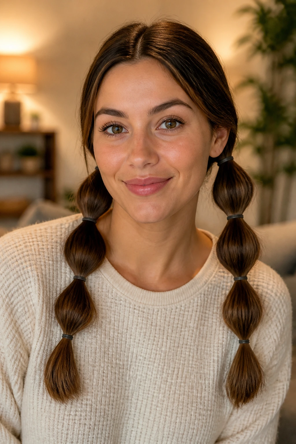 Close-up of a real woman with segmented elastic-pigtail hairstyles.