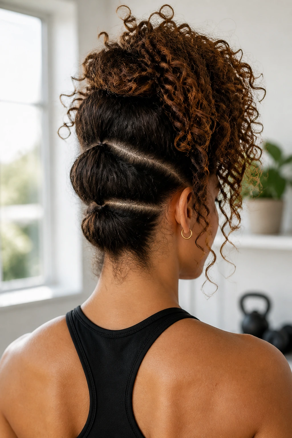 Segmented pineapple updo protecting curls during workouts on a real person.
