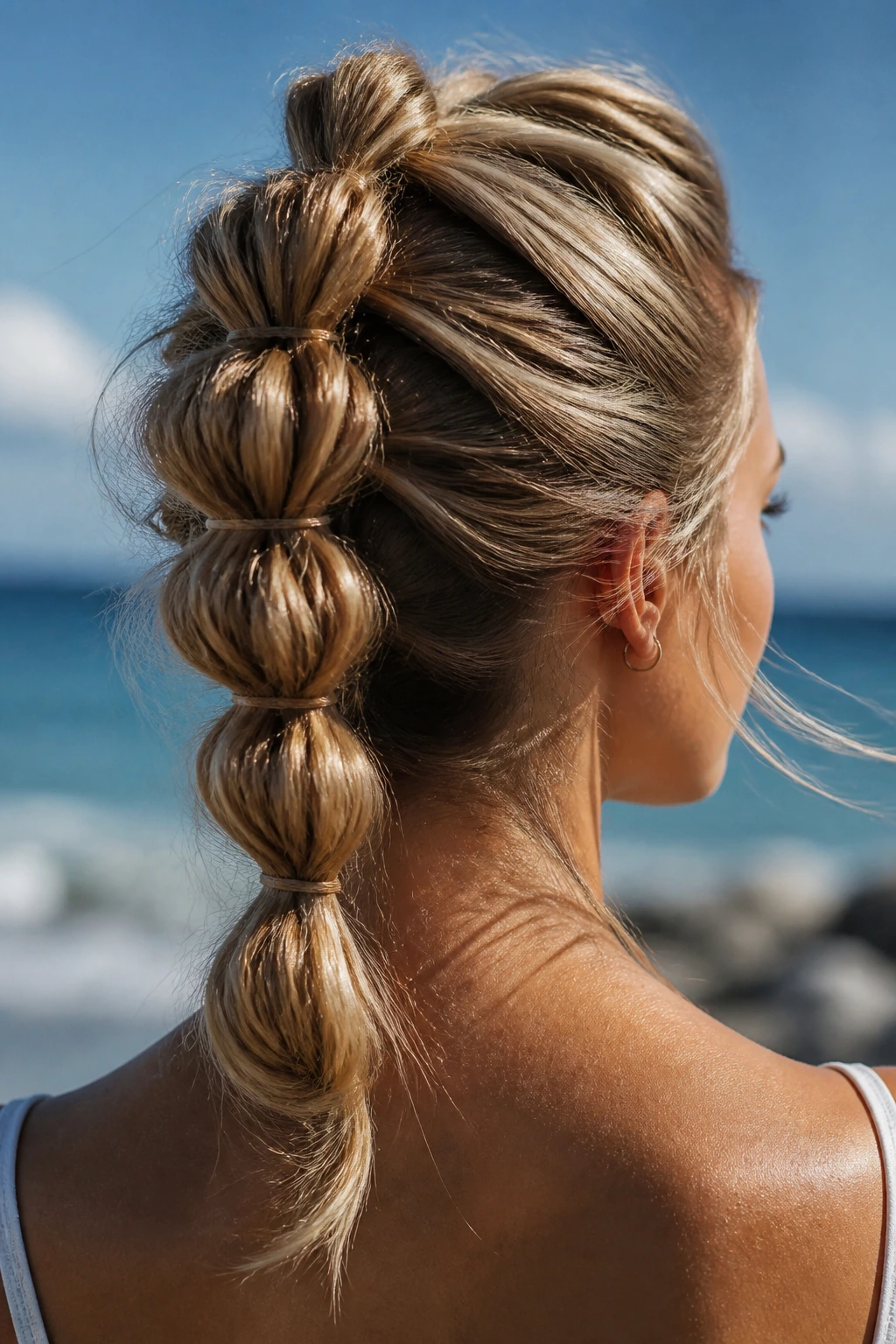 Close-up of a real woman with a segmented pull-through braid at the beach