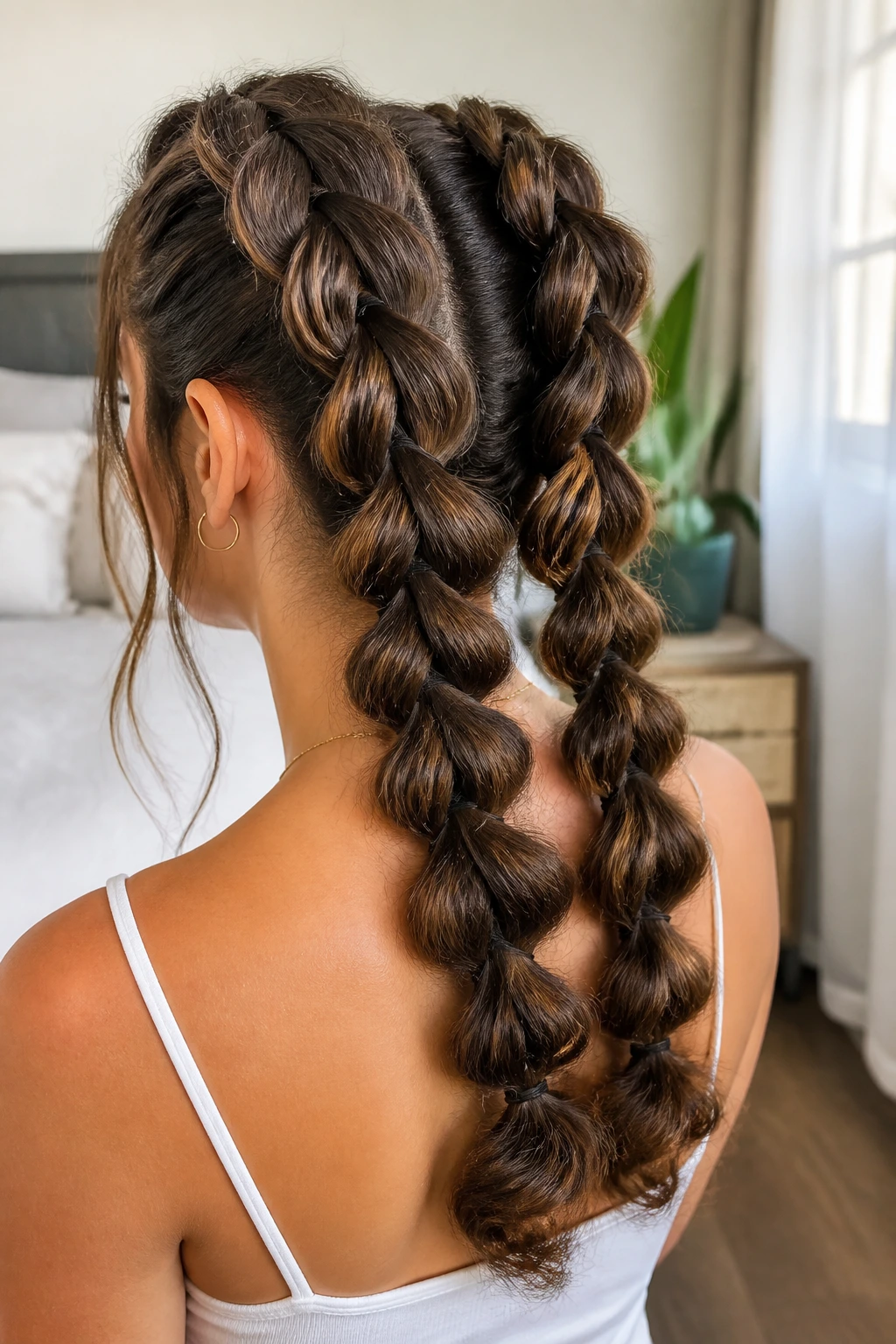 Three-quarter rear view of Segmented Pull-Through Braid Pigtails on a real woman