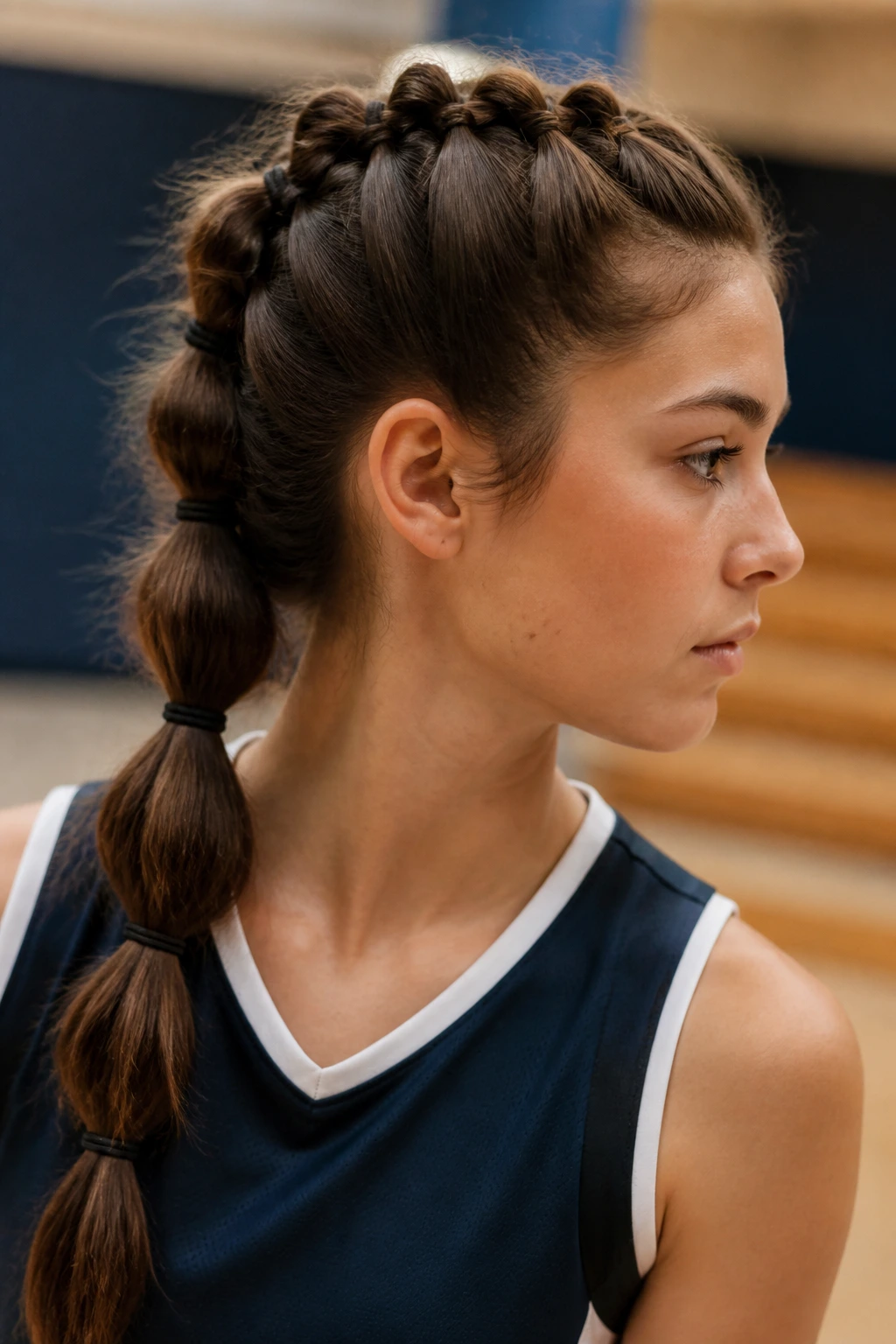 Close-up of a real student athlete with a segmented pull-through braid.