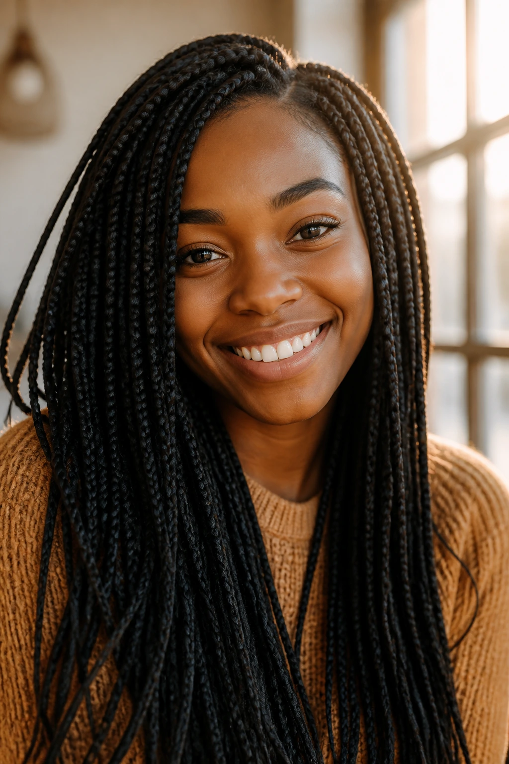Portrait of a real woman with a full head of braids, smiling confidently