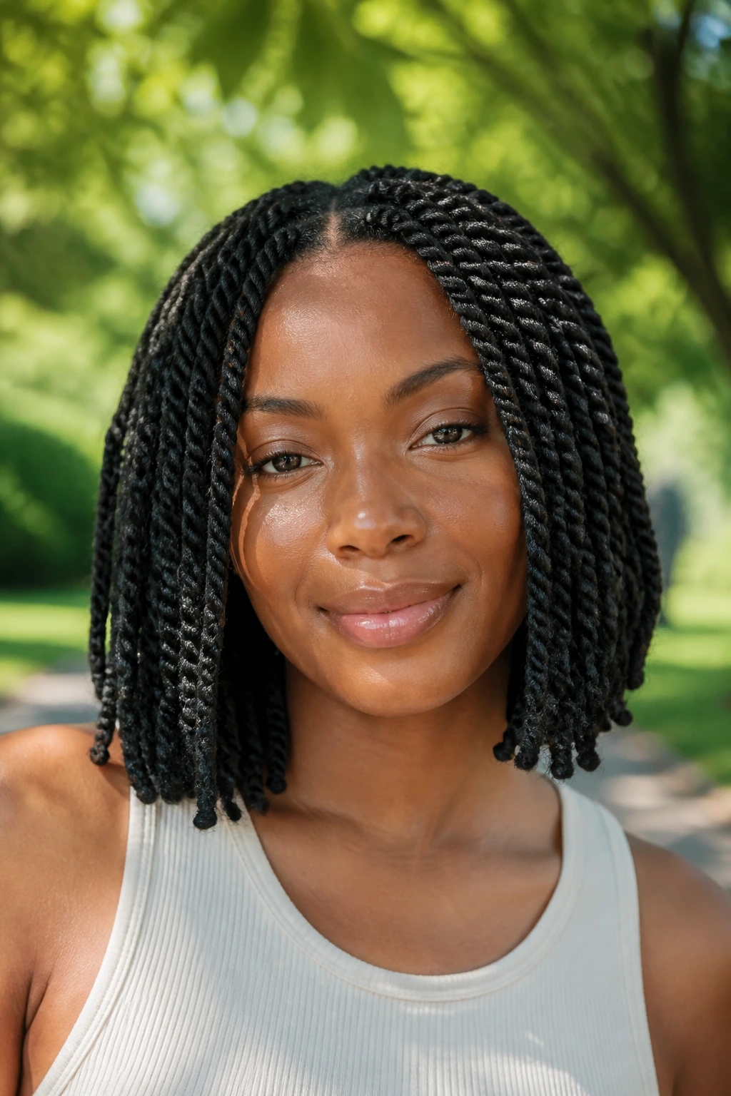 Real person with Senegalese twist bob braids in a sunny park