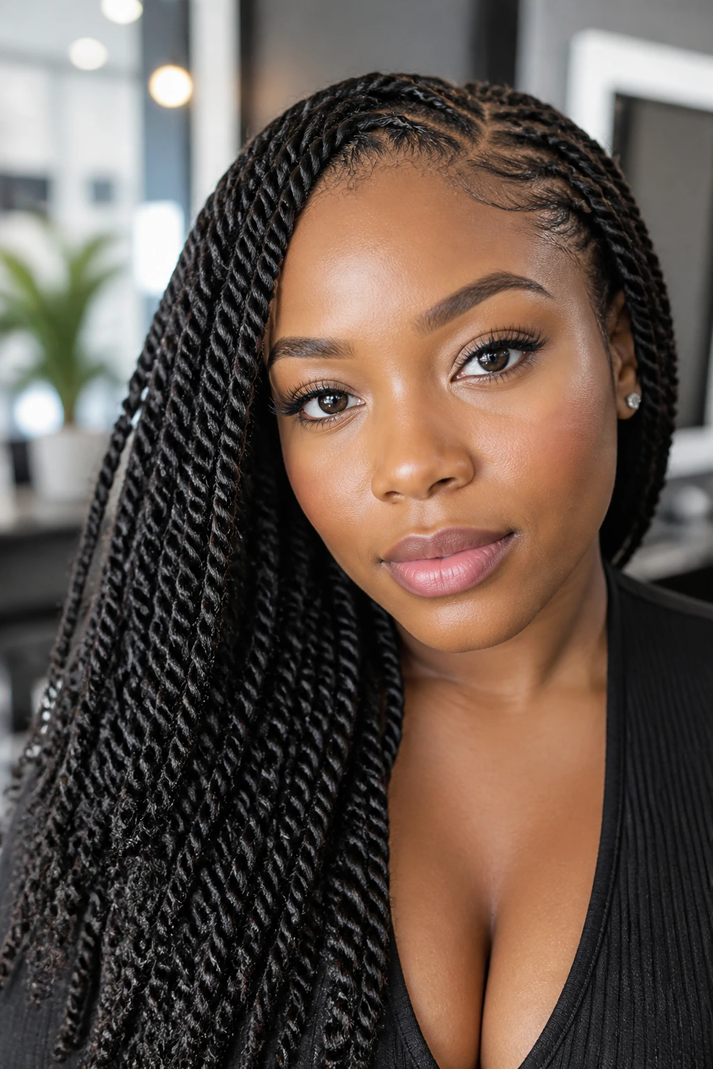 Close-up of a real person with Senegalese crochet twists