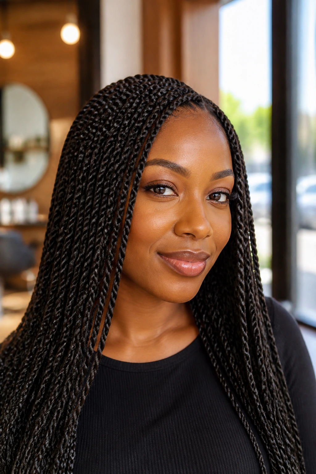 Close-up of a real woman wearing sleek Senegalese twists in a sunlit salon.