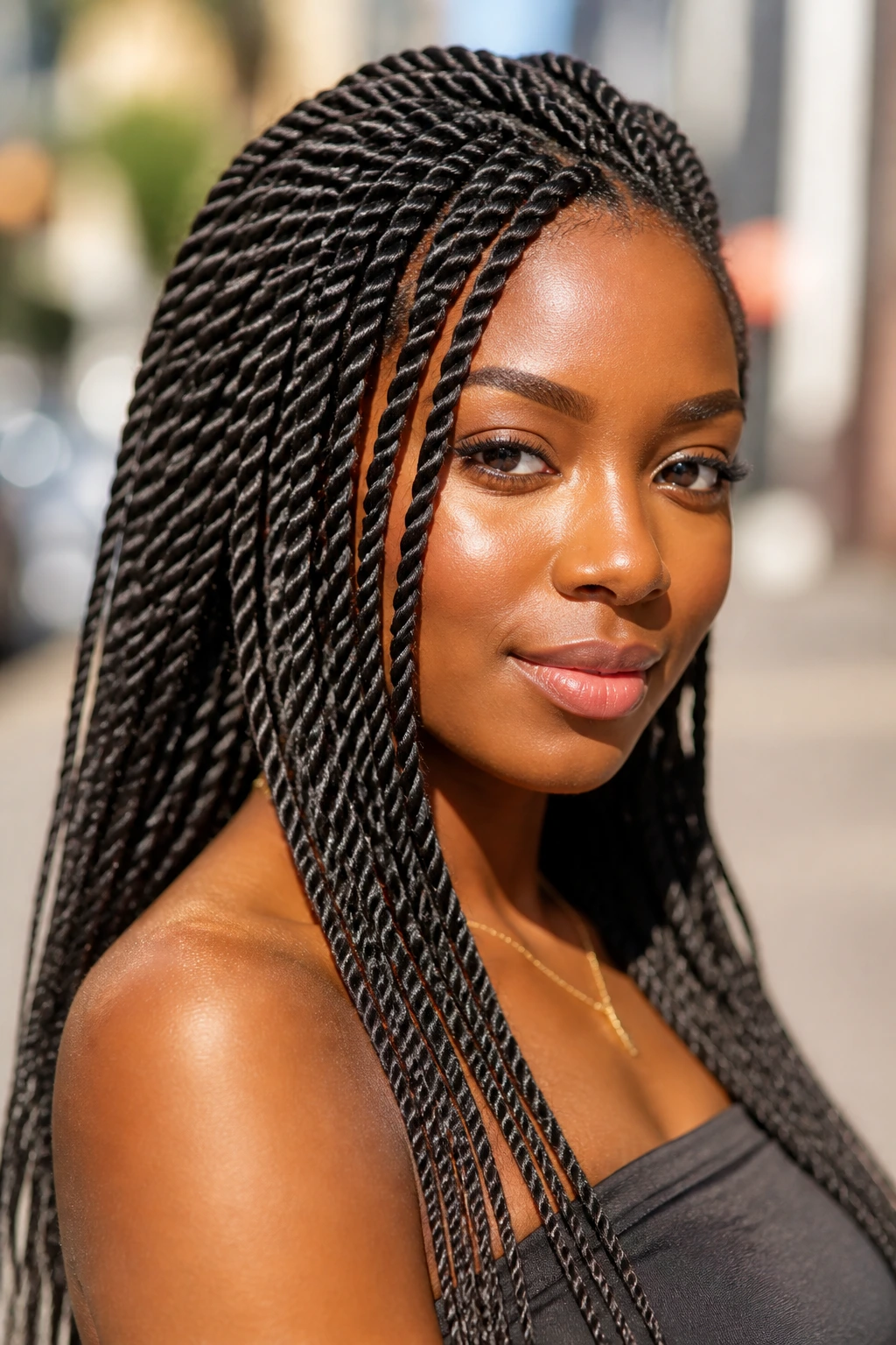 Close-up of a real woman with Senegalese twists in outdoor warm light