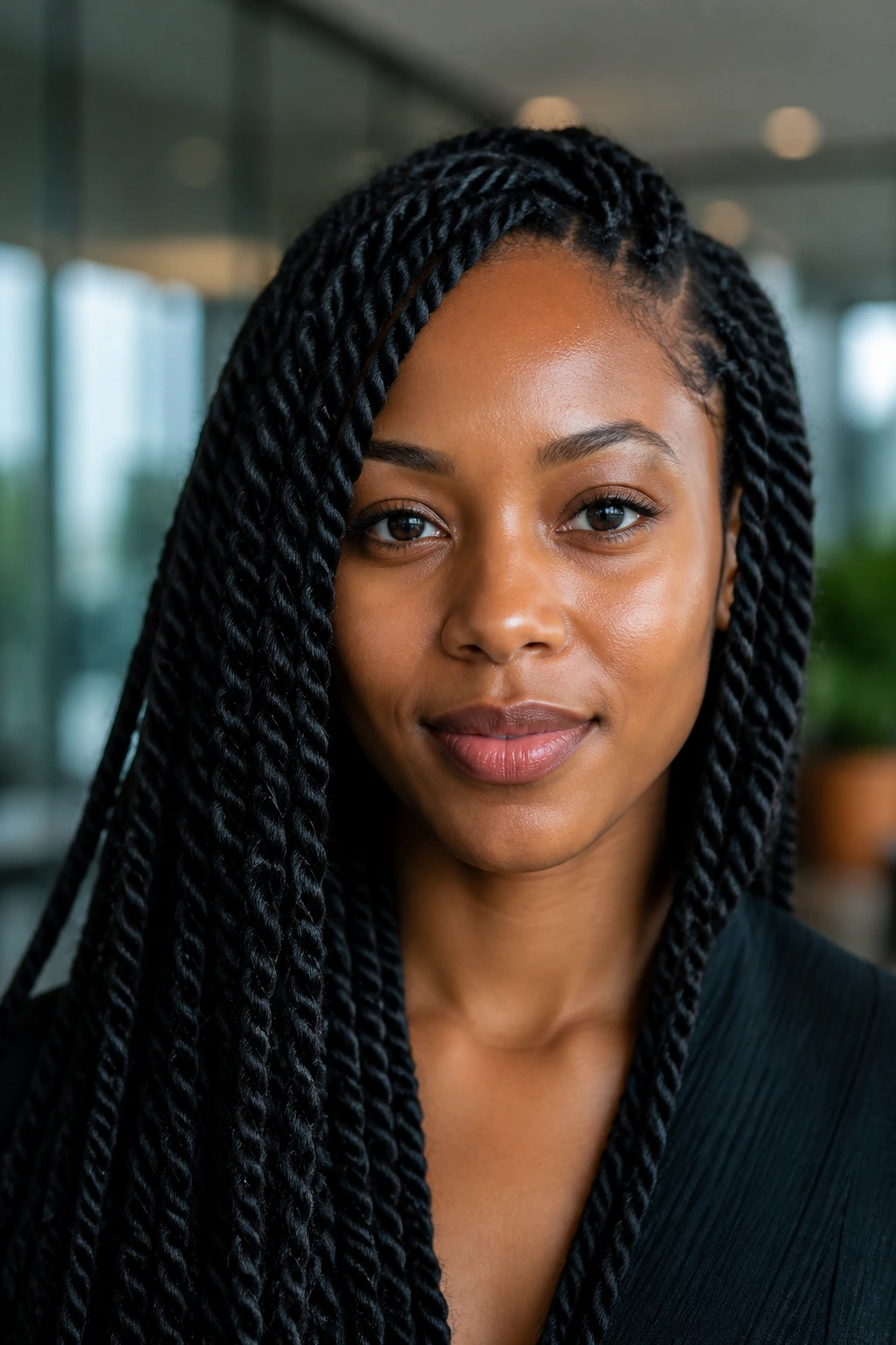 Close-up portrait of Senegalese twists on a real person in an office lobby