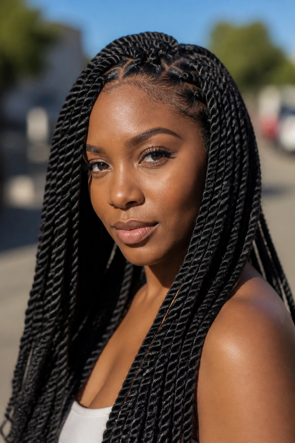 Close-up of a woman with Senegalese twists outdoors in daylight