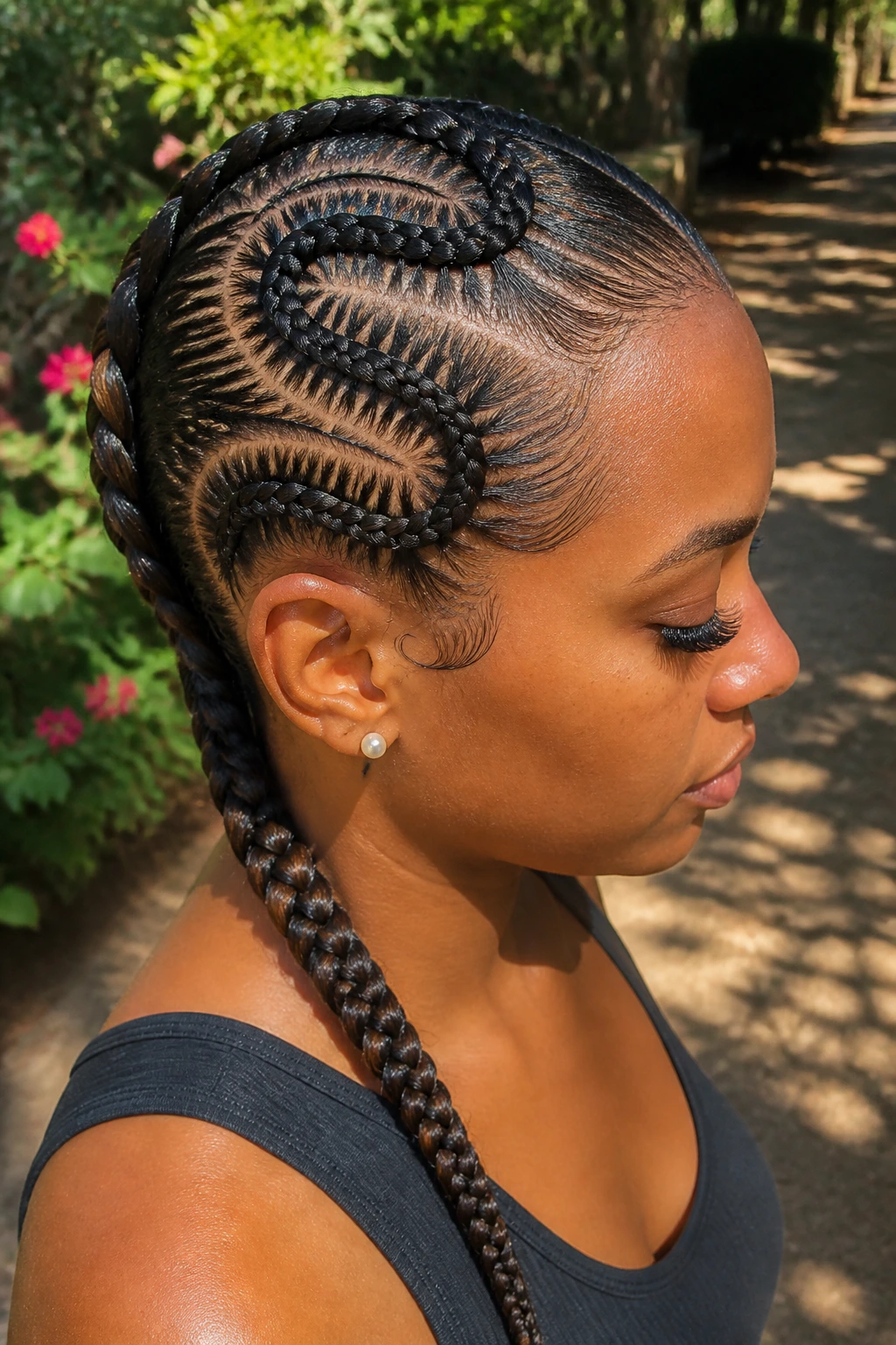 Close-up portrait of a real woman with a serpentine spiral braid across the scalp.