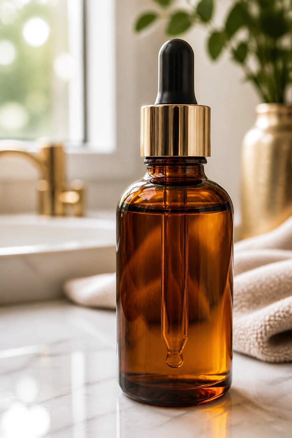Close-up of amber serum bottle with dropper on marble counter, no visible text