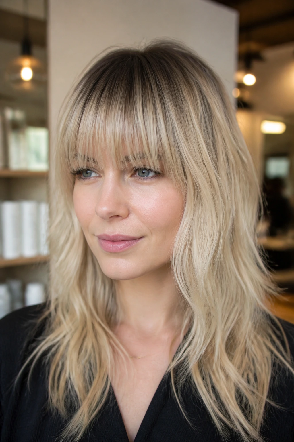 Close-up of a blonde woman's fringe with a dark shadow root creating depth.