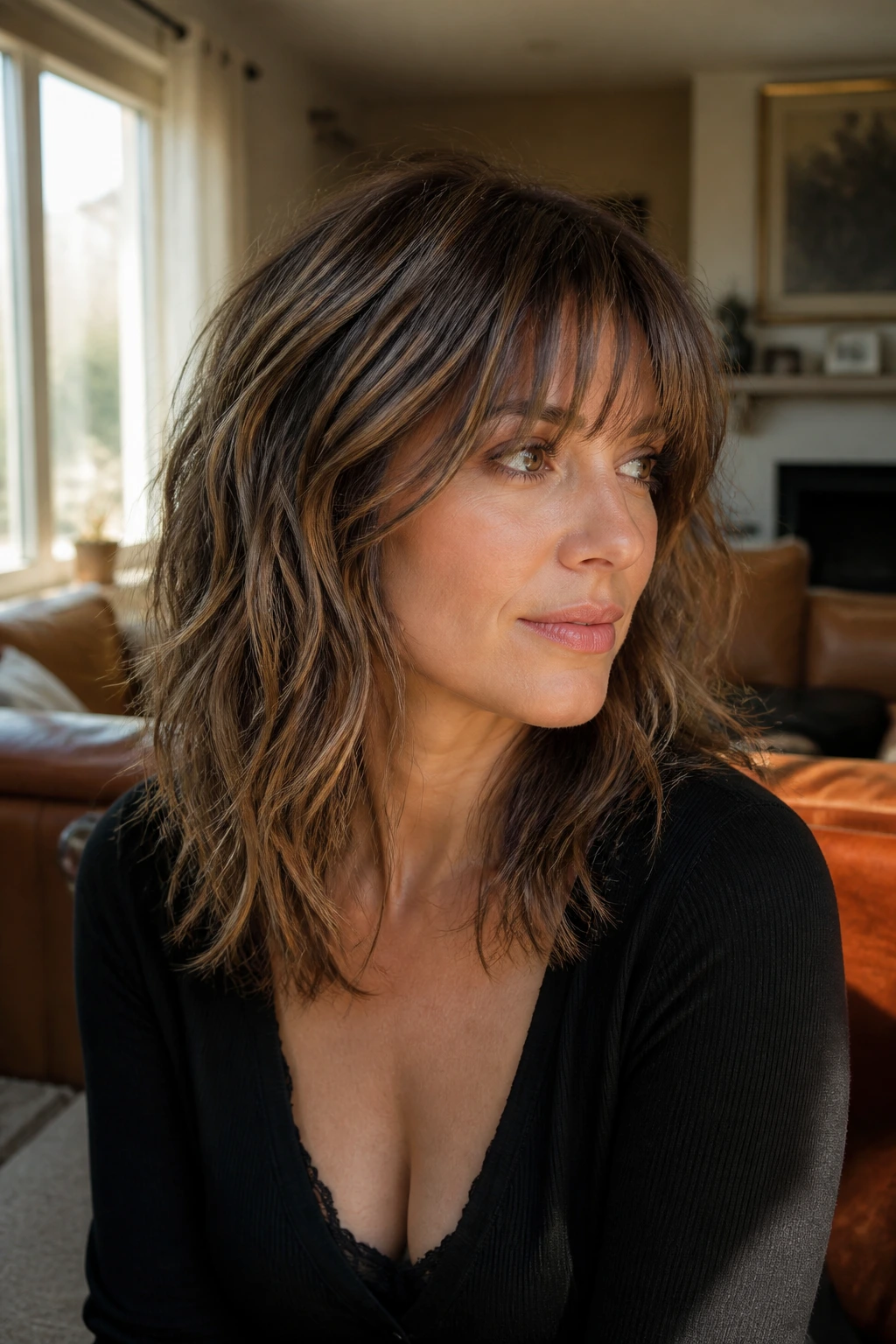 Wispy shaggy bangs with textured collarbone layers on a real woman in a sunlit living room