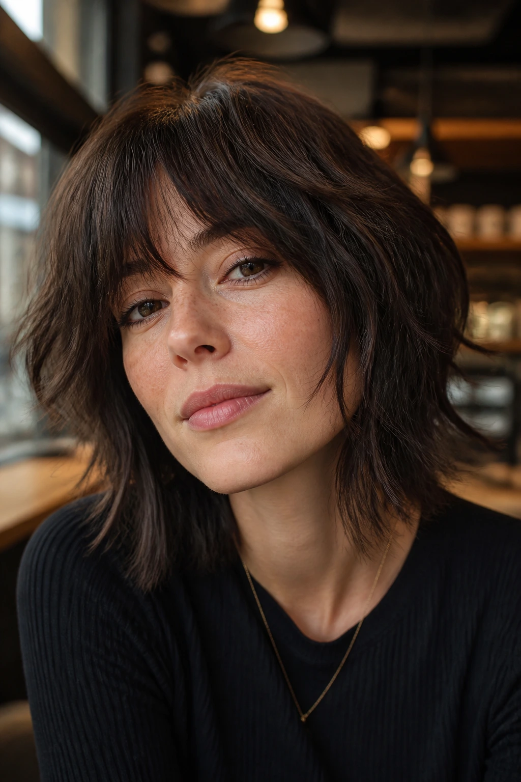 Close-up portrait of a real woman with shag-bob and curtain bangs in a cafe setting
