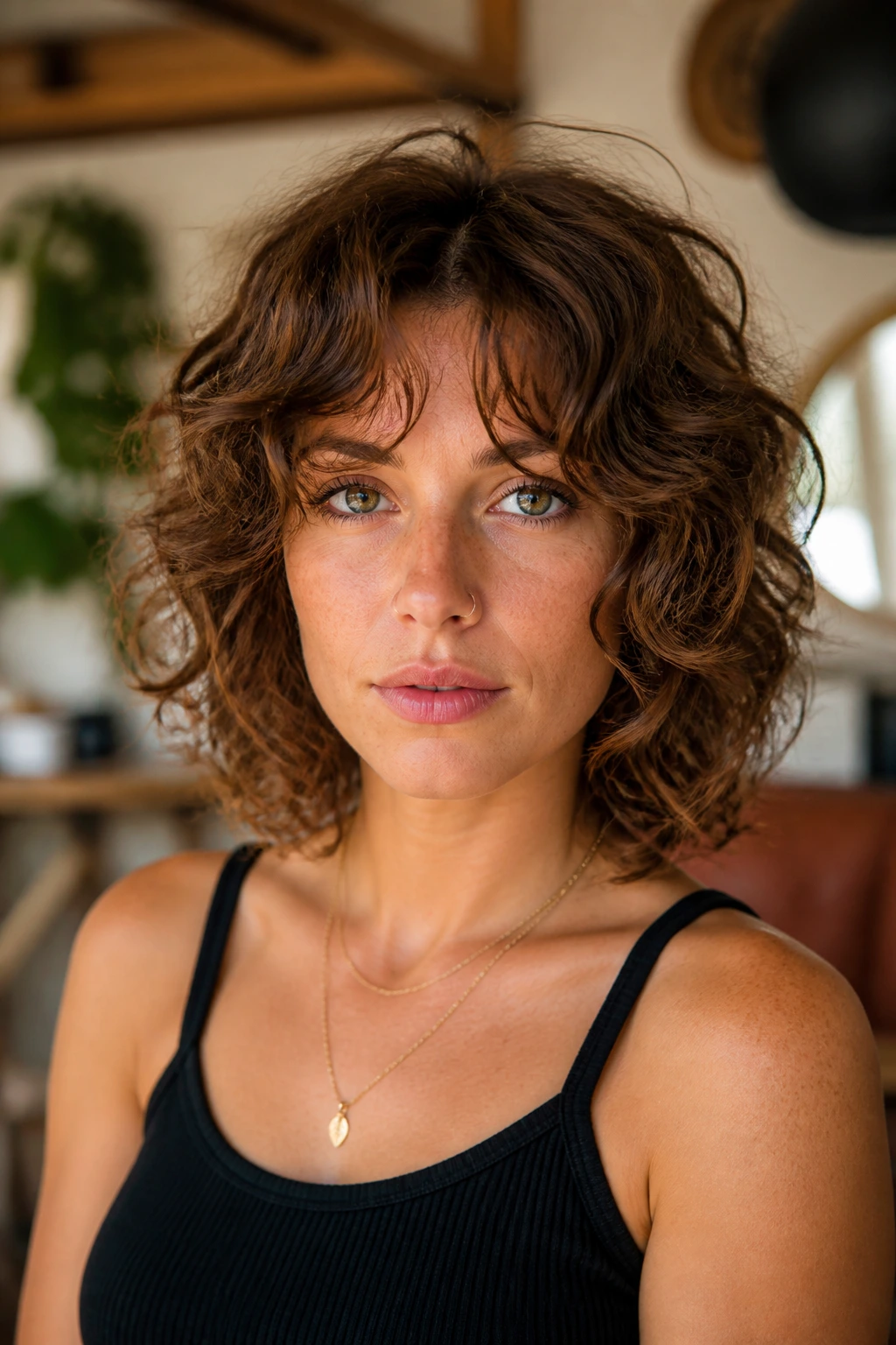 Real woman with modern shag-bob and curtain bangs in natural light.