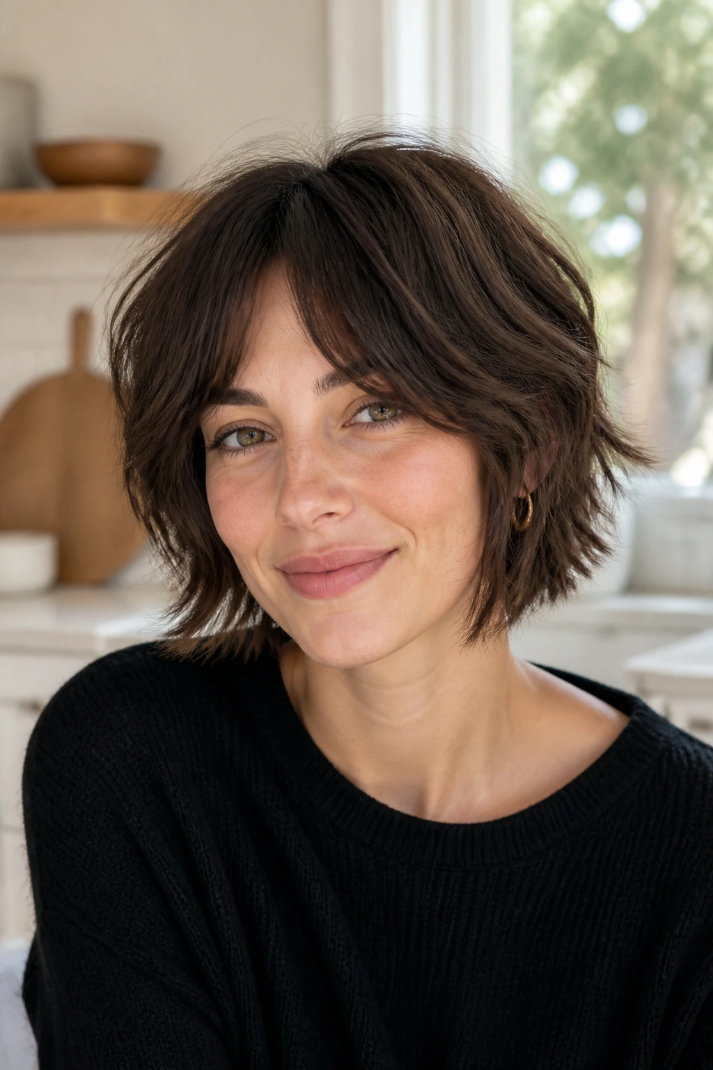 Portrait of a woman with shag bob for fine hair in bright kitchen light