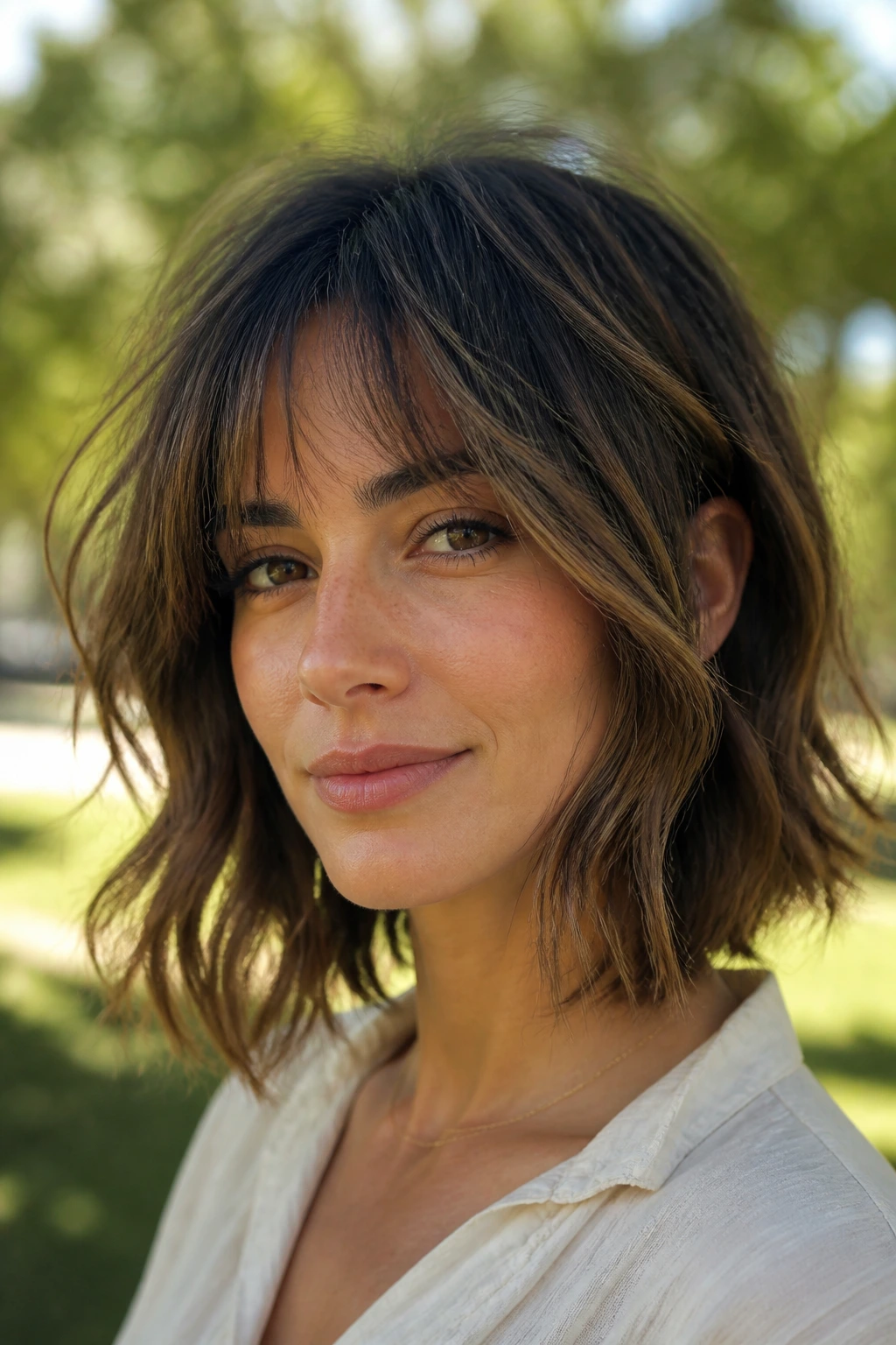 Real person with wispy shag bob and face-framing fringe outdoors