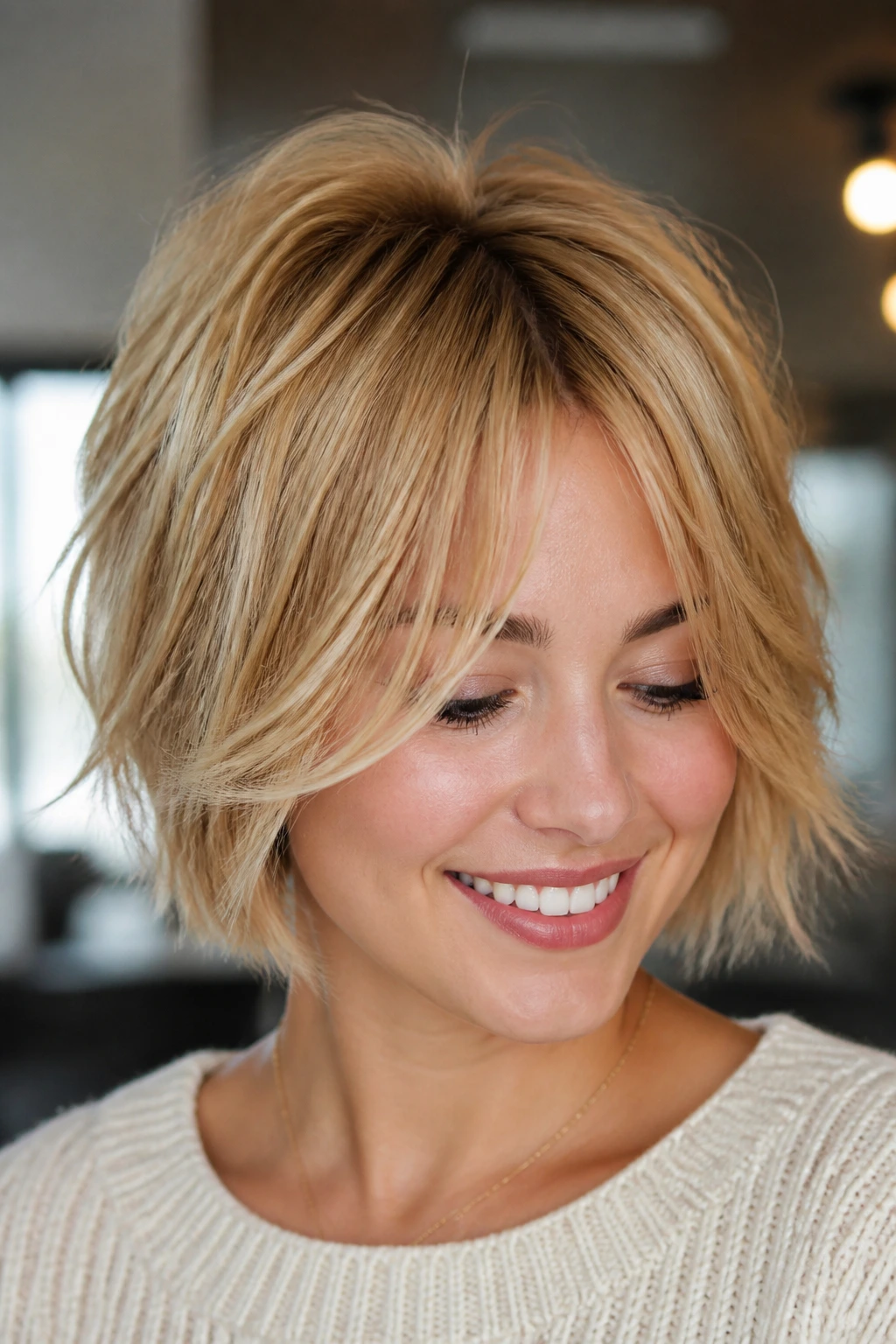 Close-up portrait of a real woman with a softly layered shag bob in golden blonde