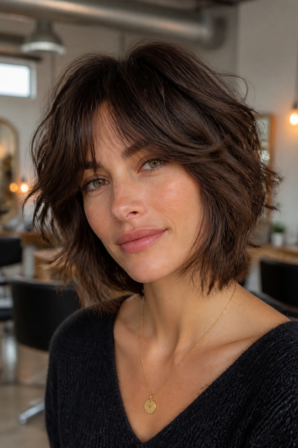 Close-up portrait of a real woman with The Modern Shag-Bob Hybrid hairstyle