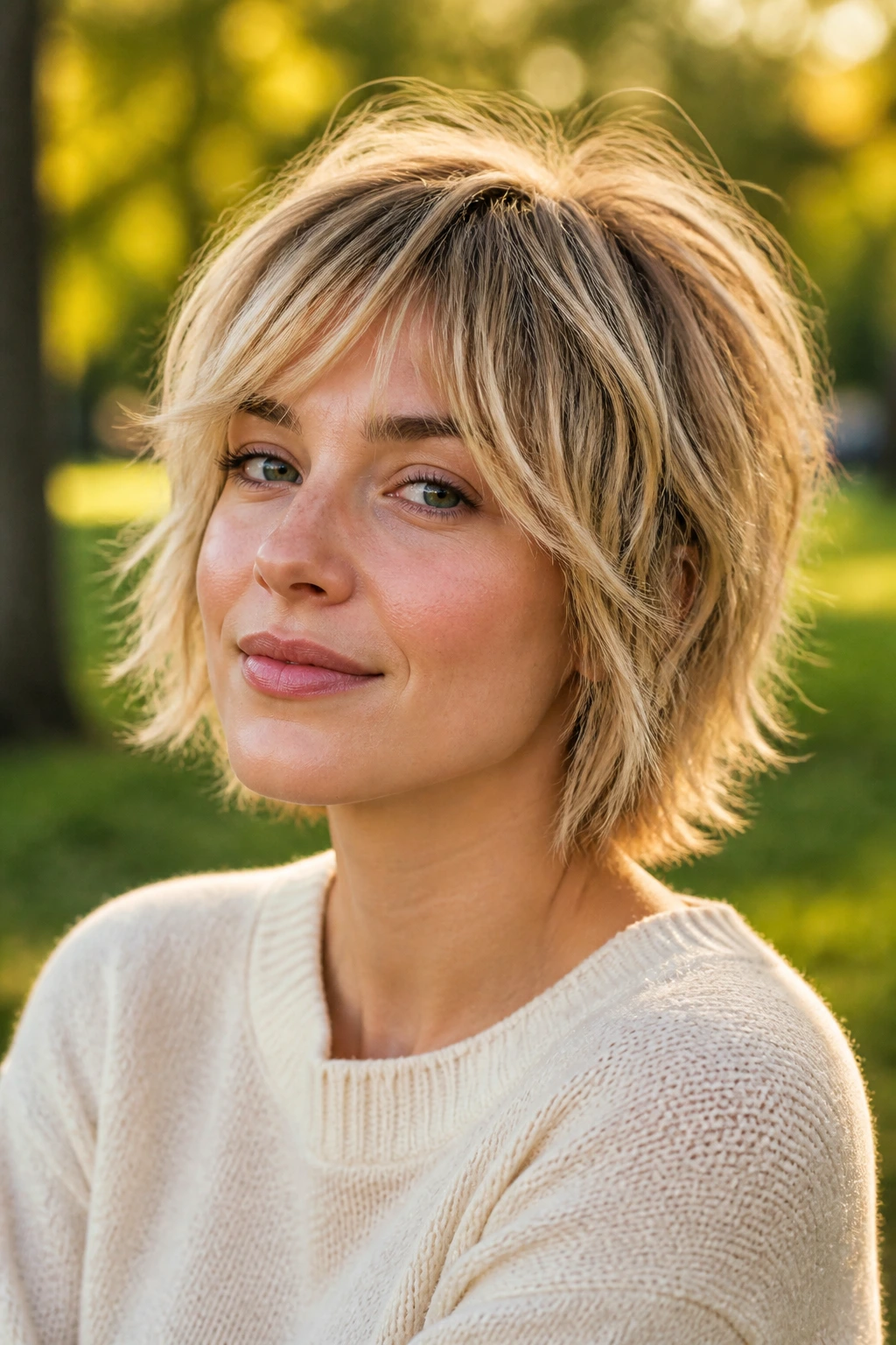 Close-up of a real woman with a softly layered shag-bob showing crown layers and flicked ends.