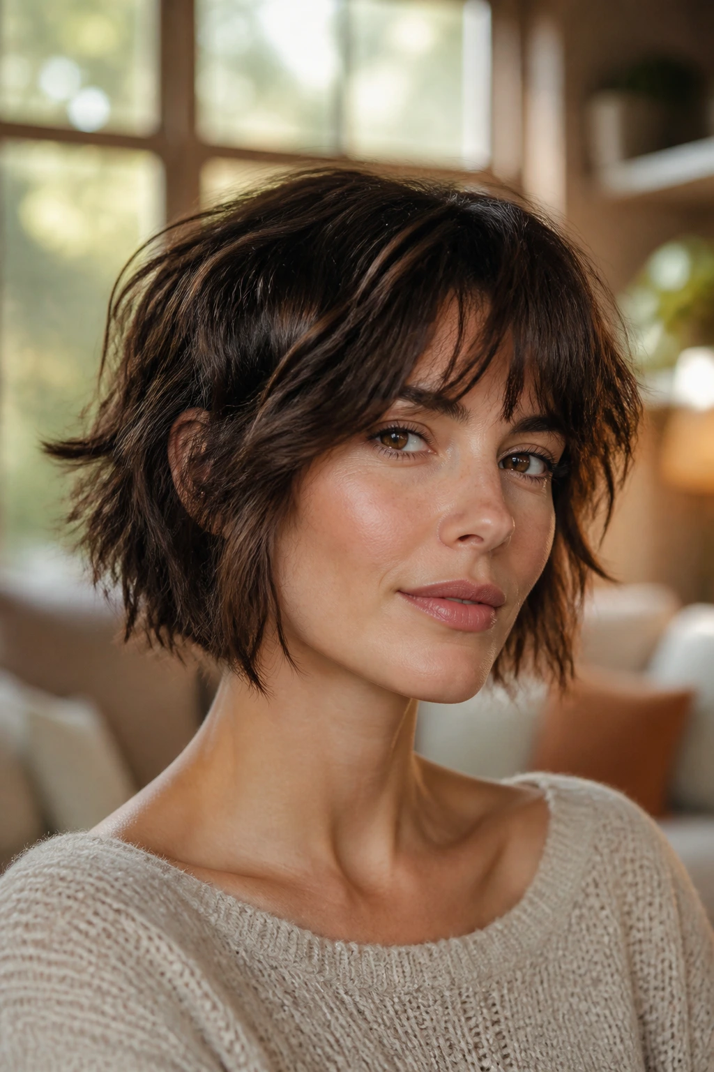 Close-up of a real woman with a soft layered shag bob and razor texture in warm window light