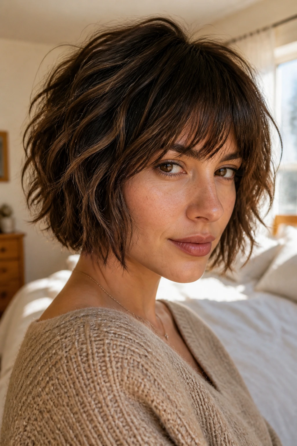 Close-up of a real woman with a textured jaw-length shag bob and piece-y bangs in warm window light.