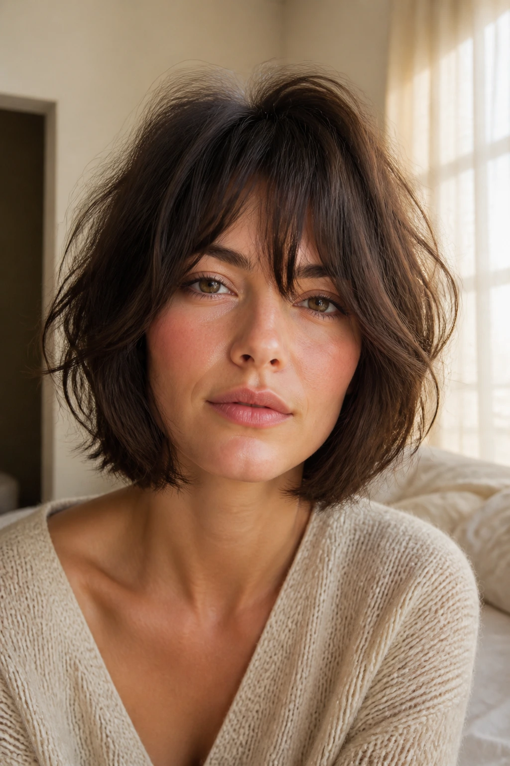 Close-up of a real woman with a classic textured shag bob framing cheeks and chin in warm natural light