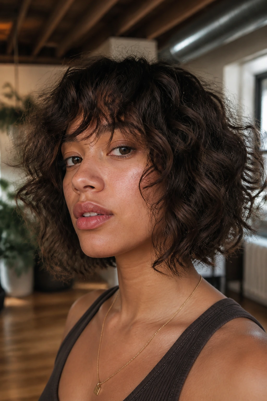 Close-up of a real woman with shag-inspired textured bob hair.