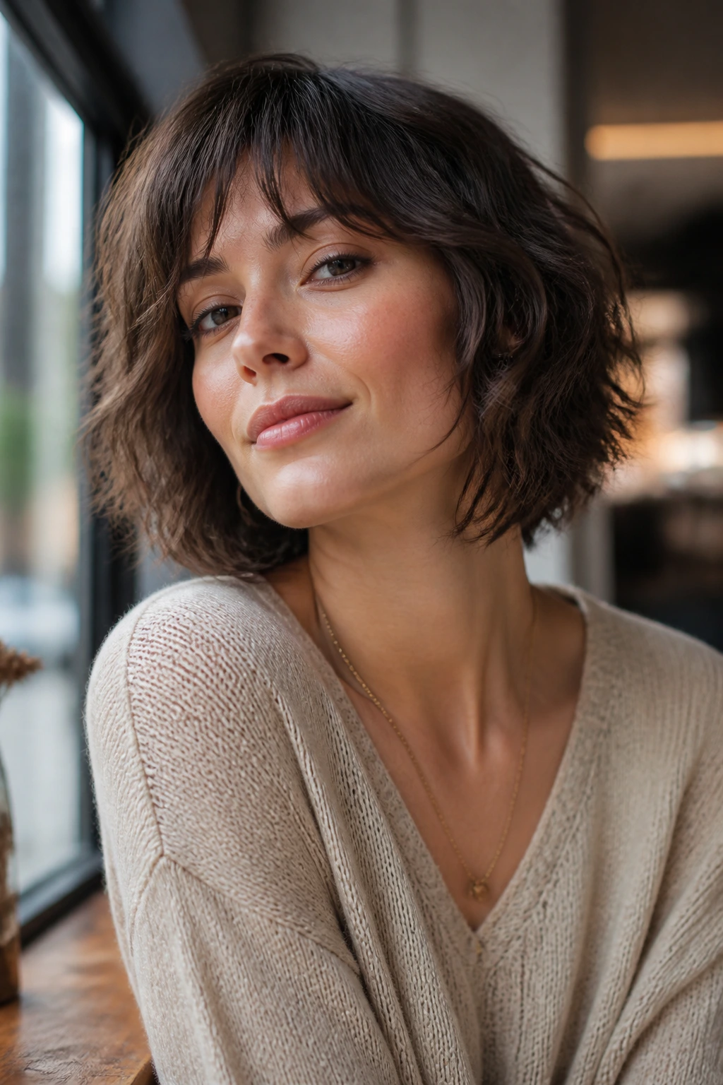 Portrait of a person with shag-bob hairstyle and layered texture in warm light