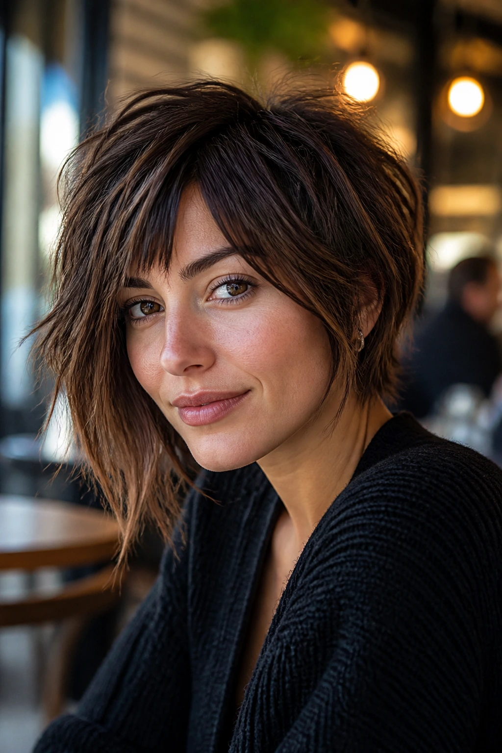 Close-up of a real woman with shag-inspired asymmetrical bob