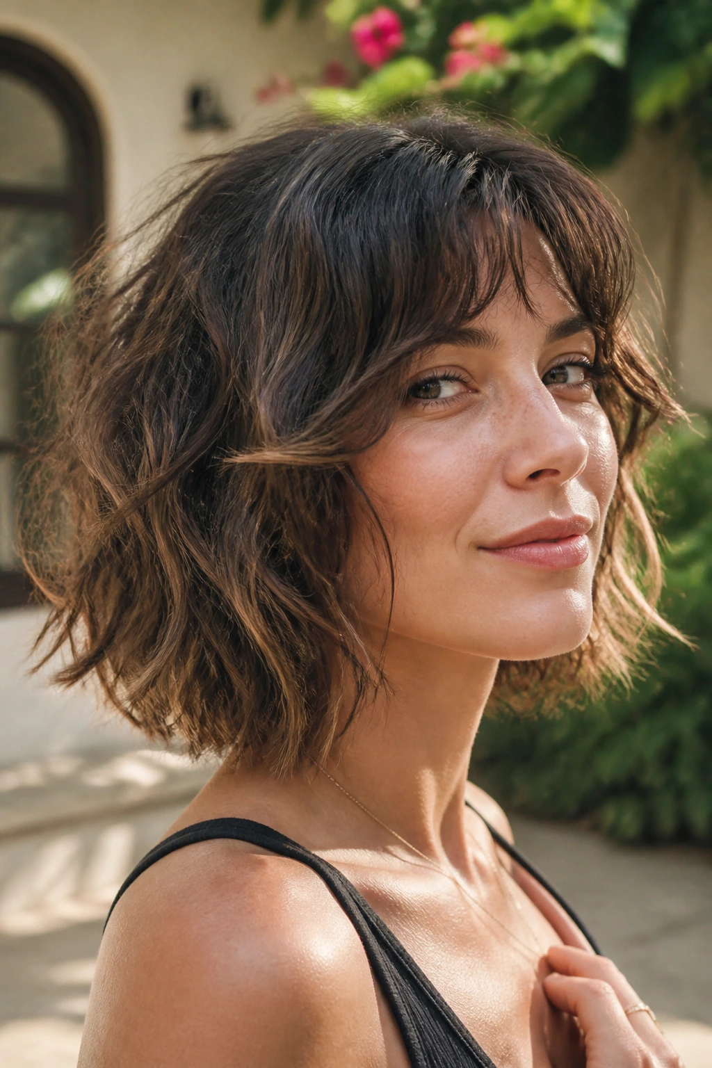 Portrait of a woman with a textured wavy shag bob and mid-length layers.