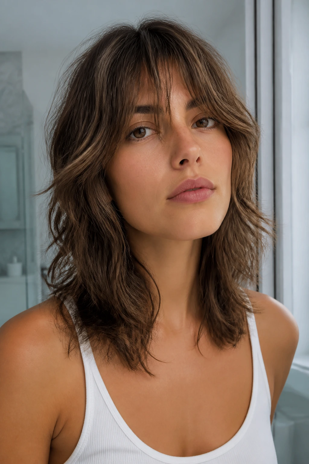 Close-up portrait of a woman with bottleneck bangs and shaggy mid-length hair