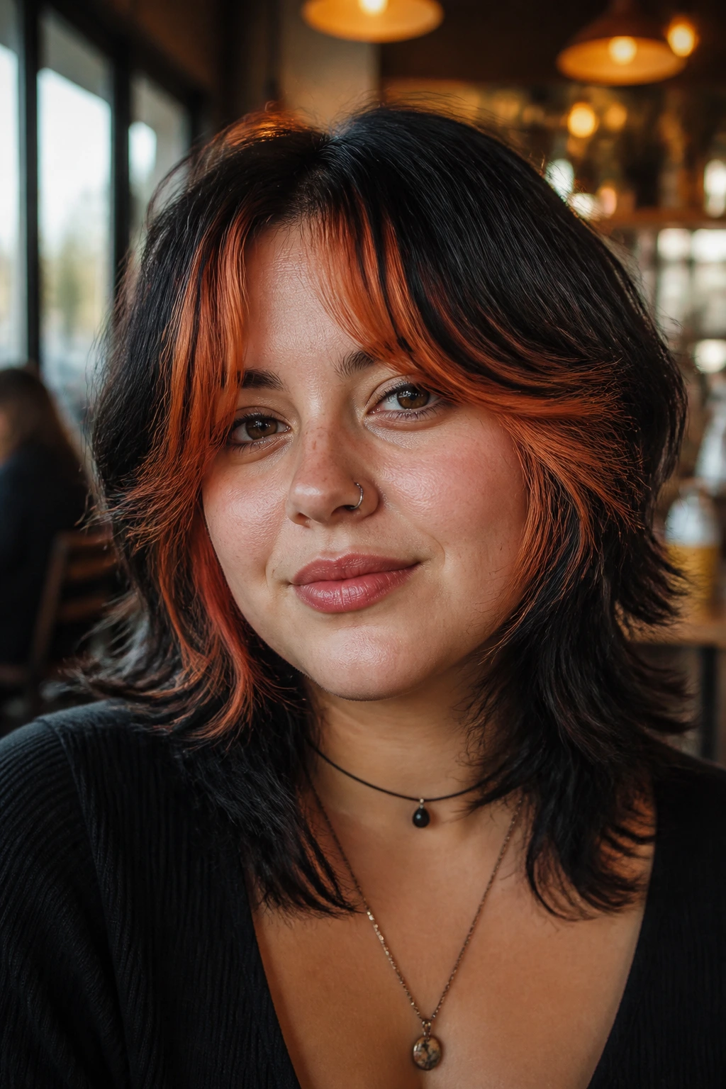 Close-up of a real woman with textured black shag and burnt orange curtain bangs