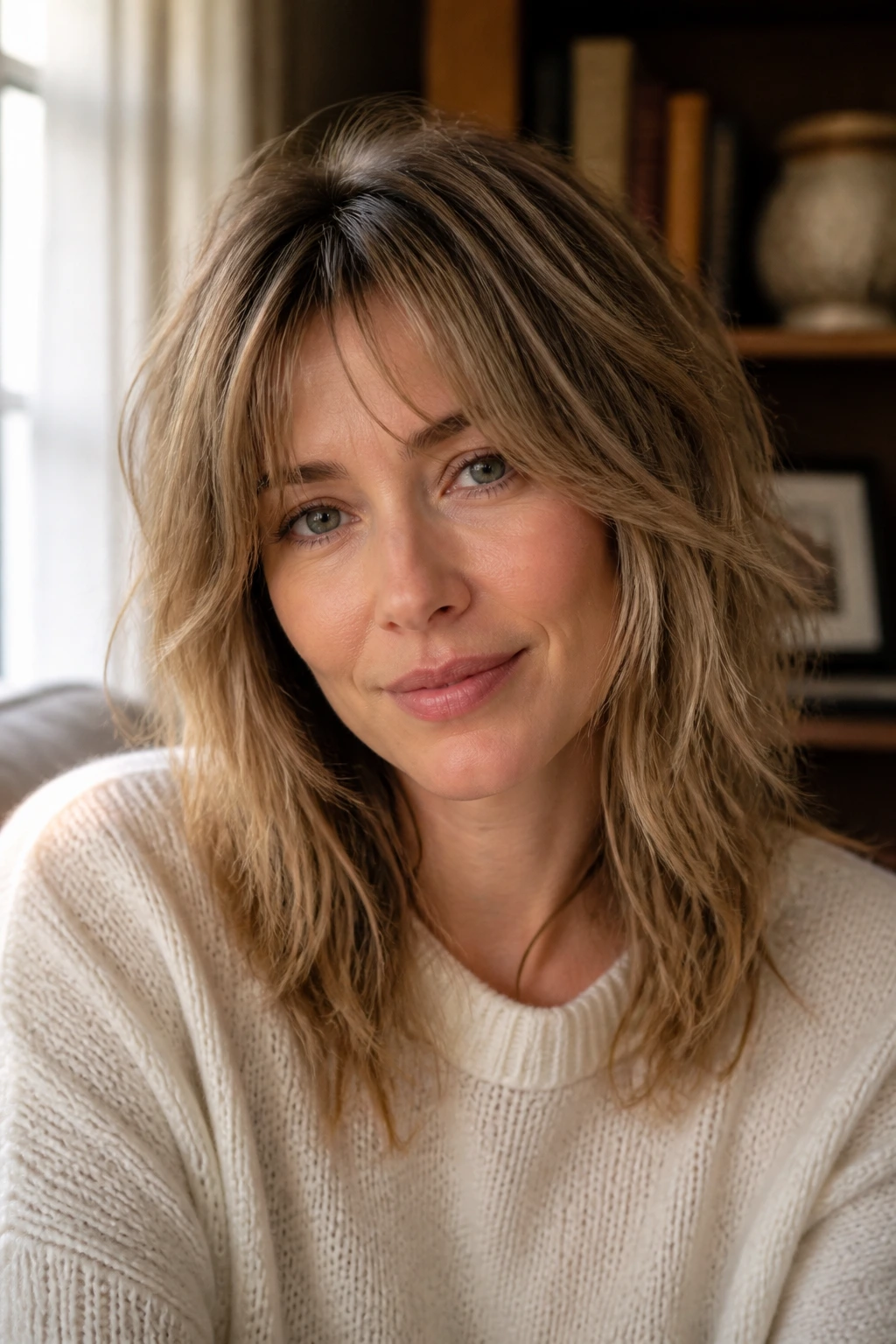 Close-up portrait of a real woman with shag and wispy curtain bangs in a cozy room